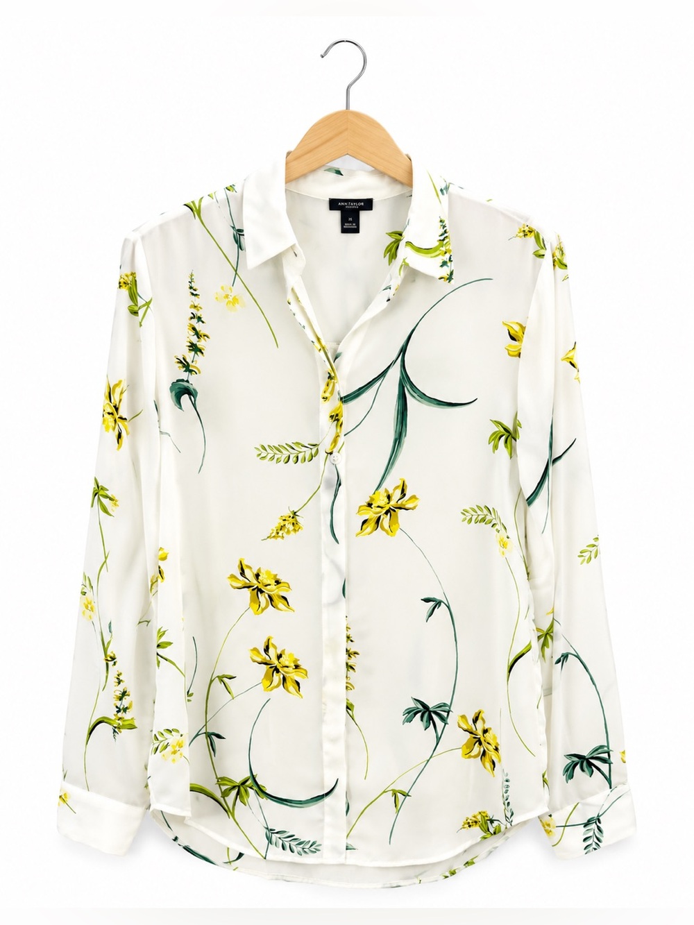 Ann Taylor Floral Button Front Blouse Small White Yellow Career Botanical